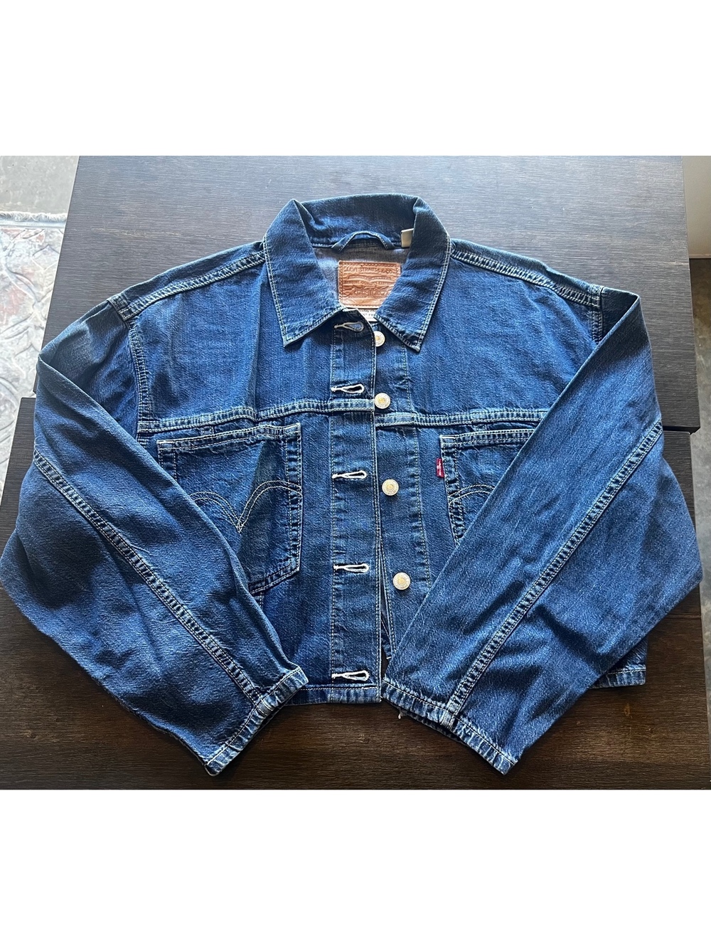 Levi’s Premium Denim Trucker Jacket Size L Dark Blue Wash Red Tab Jean Jacket